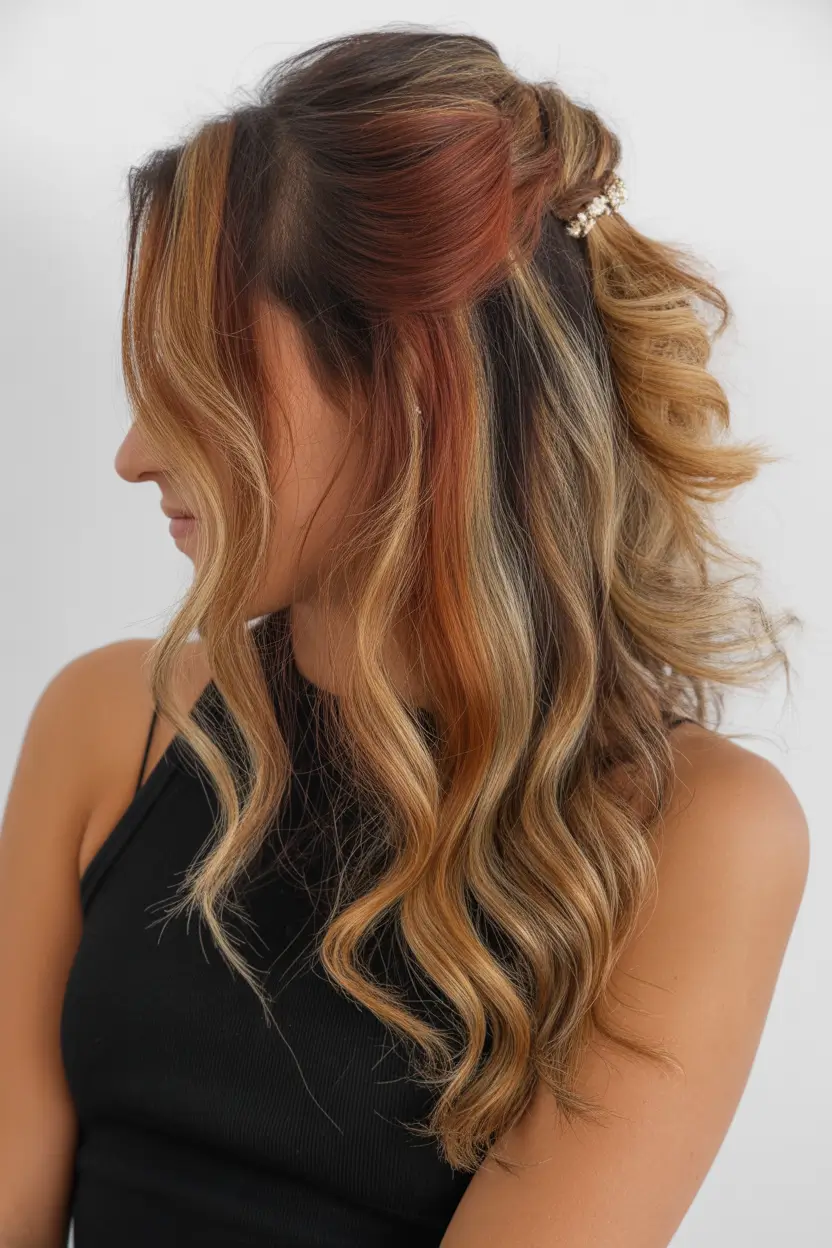 natural spring hair color for tan skin 2026 Warm Ribboned Curls with Copper Depth