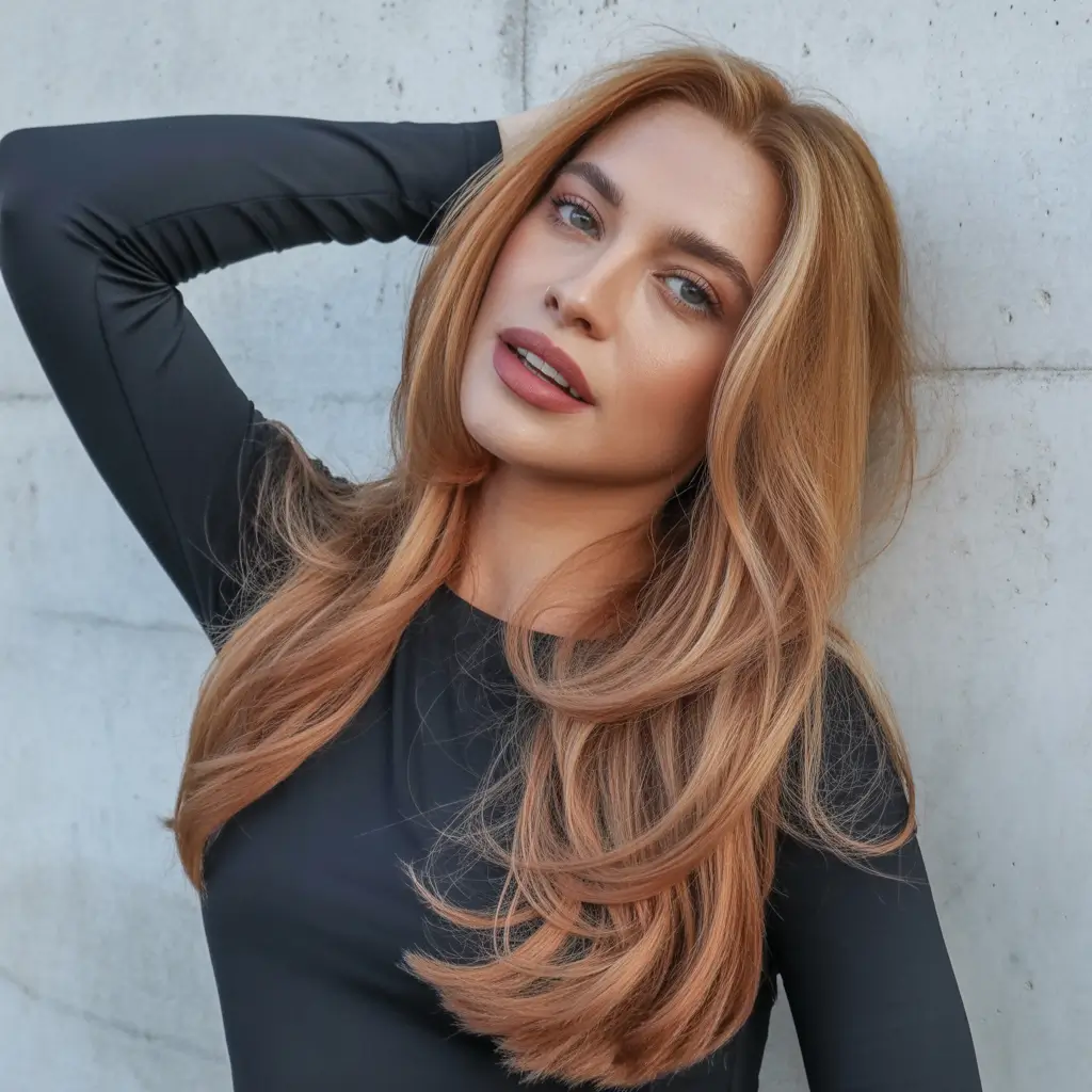 natural spring hair color for tan skin 2026 Peach Gold Long Layers
