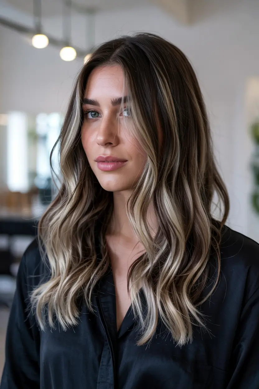 new spring balayage hair color 2026 Smoky Brunette with Light Blonde Ribbons