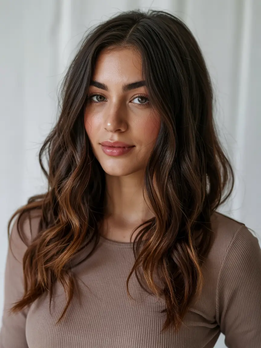 new spring balayage hair color 2026 Warm Mocha Brown with Subtle Caramel Dimension