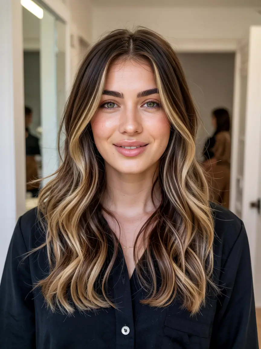 new spring balayage hair color 2026 Golden Face Framing Balayage on Long Brunette Waves