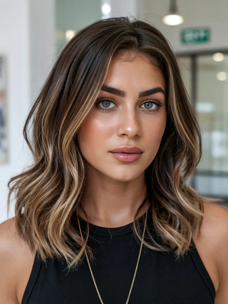 new spring balayage hair color 2026 Soft Beige Balayage on a Shoulder Length Long Bob