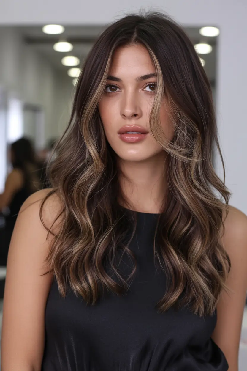 new spring balayage hair color 2026 Dimensional Mocha Brunette with Subtle Blonde Threads