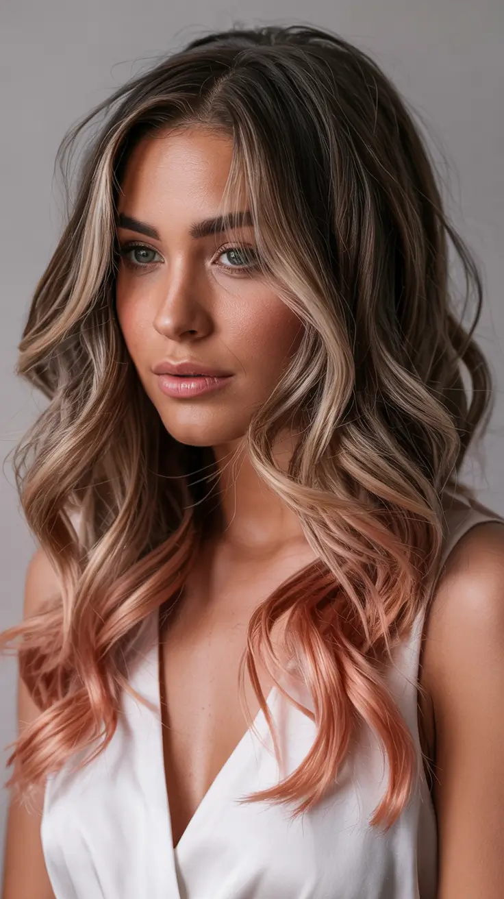 new spring balayage hair color 2026 Caramel Peach Ombre on Layered Brunette Hair