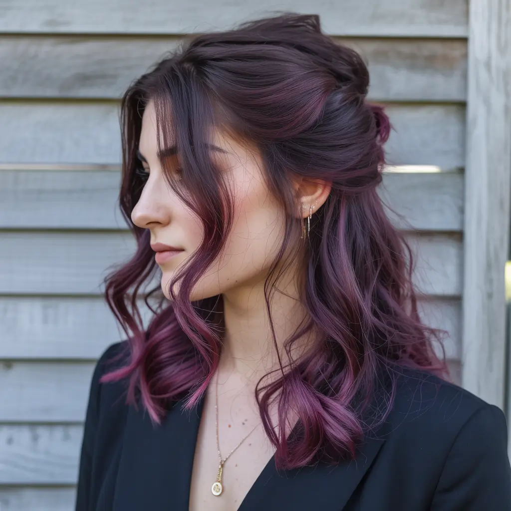new spring balayage hair color 2026 Plum Burgundy Balayage for a Moody Spring Twist