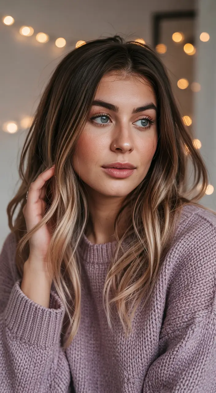 new spring balayage hair color 2026 Soft Beige Brunette with Creamy Face Frame Highlights