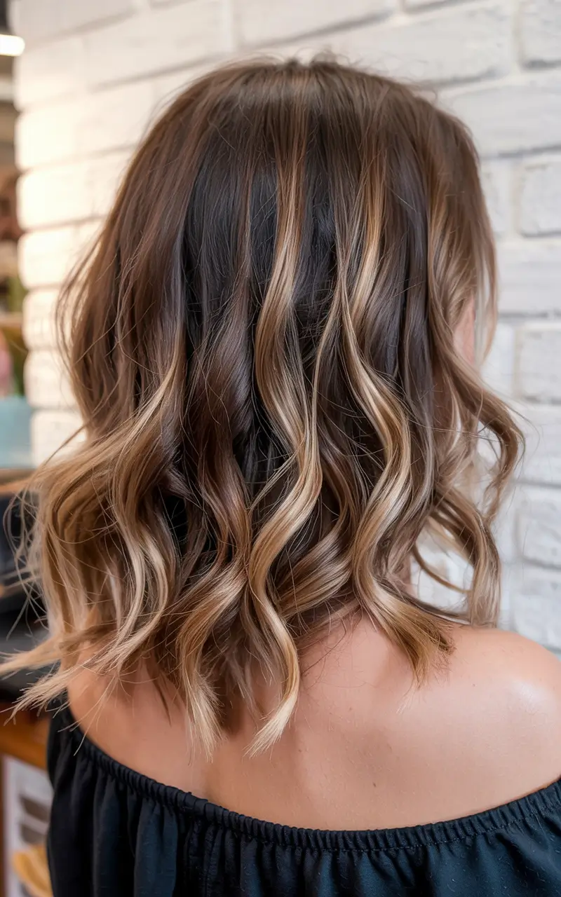 new spring balayage hair color 2026 Soft Caramel Balayage on a Textured Long Bob