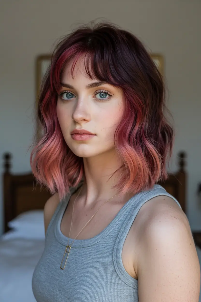 new spring balayage hair color 2026 Rose Pink Balayage Bob with Dark Root Depth