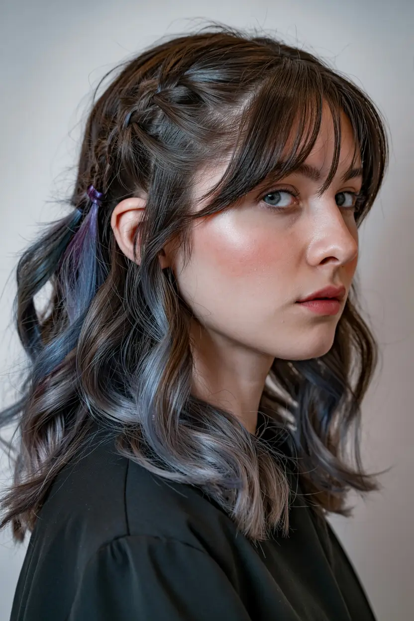 new spring balayage hair color 2026 Smoky Blue Balayage with Subtle Braided Detail
