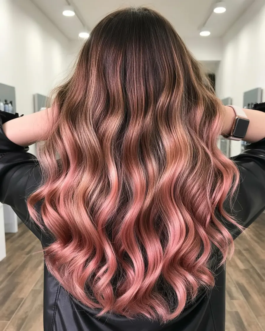 new spring balayage hair color 2026 Rosy Copper Balayage on Long Flowing Waves