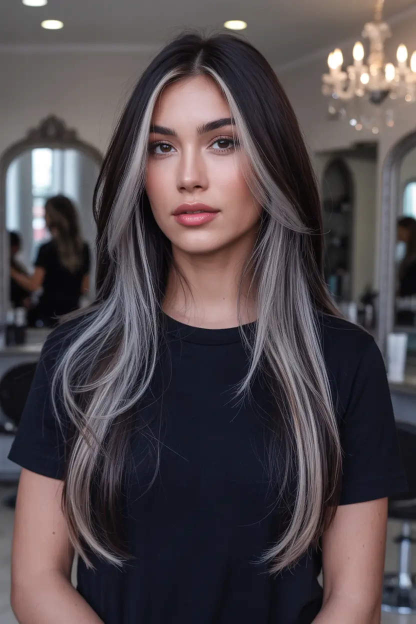 new spring balayage hair color 2026 Cool Ash Brunette with Silver Money Pieces