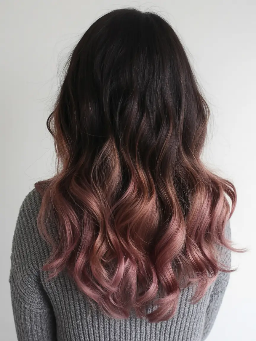 pastel spring ombre hair color 2026 Deep Brunette to Rosewood Ombre Flow