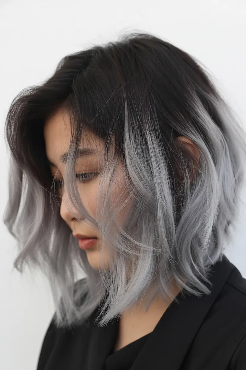 pastel spring ombre hair color 2026 Smoky Silver Ombre with Face Framing Layers