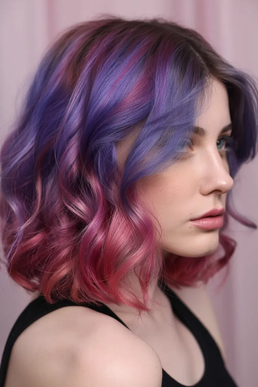 pastel spring ombre hair color 2026 Violet to Raspberry Pastel Ombre Bob