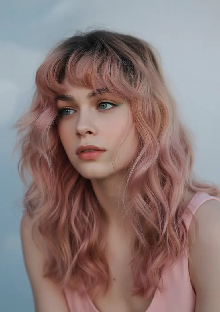 pastel spring ombre hair color 2026 Dusty Rose Pastel Ombre with Soft Fringe
