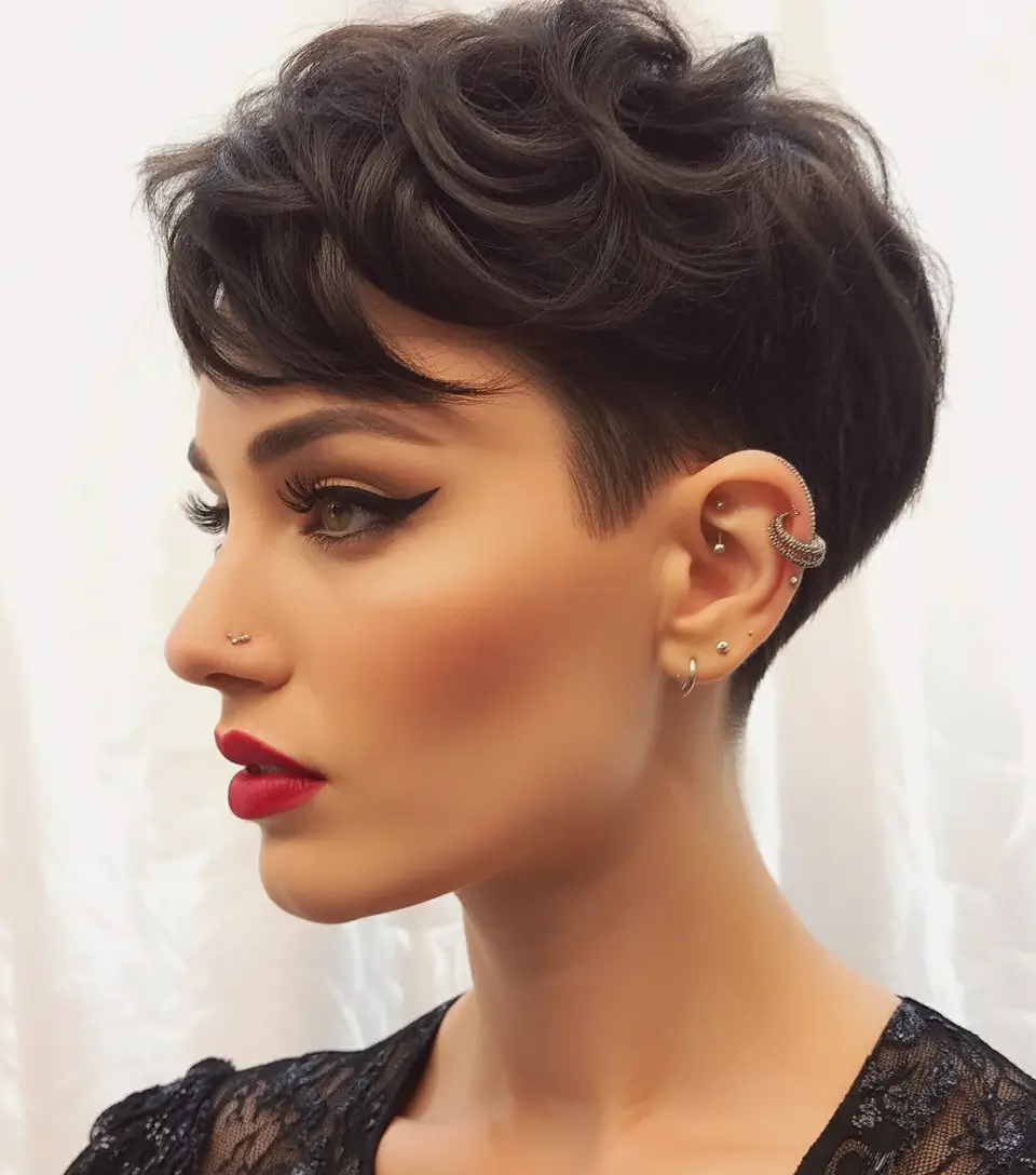 playful spring pixie haircuts 2026 Curled Noir Pixie With Sculpted Spring Drama