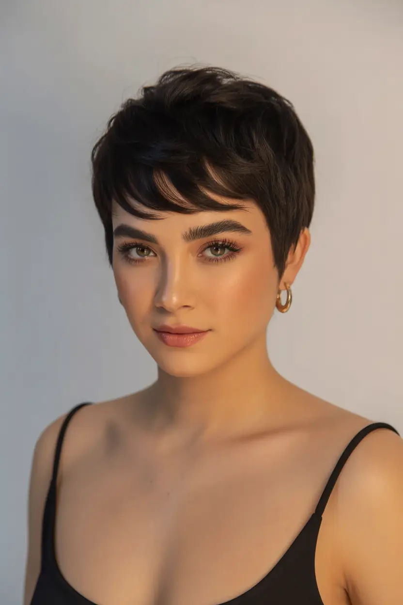 playful spring pixie haircuts 2026 Midnight Feathered Pixie With Clean Sculpted Lines