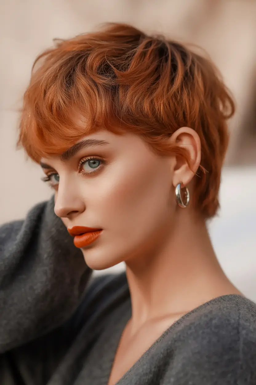 playful spring pixie haircuts 2026 Textured Copper Pixie With Playful Warmth