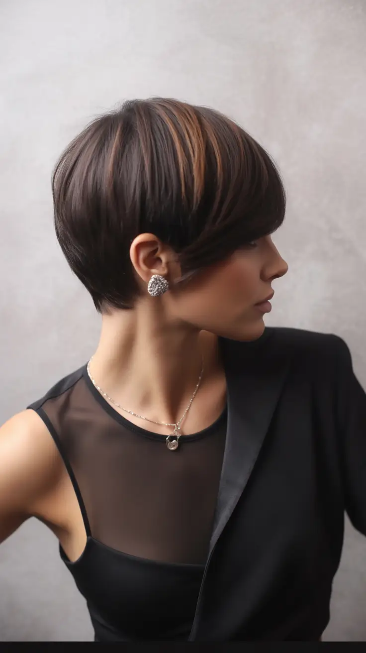 playful spring pixie haircuts 2026 Polished Mocha Pixie With Subtle Caramel Sweep