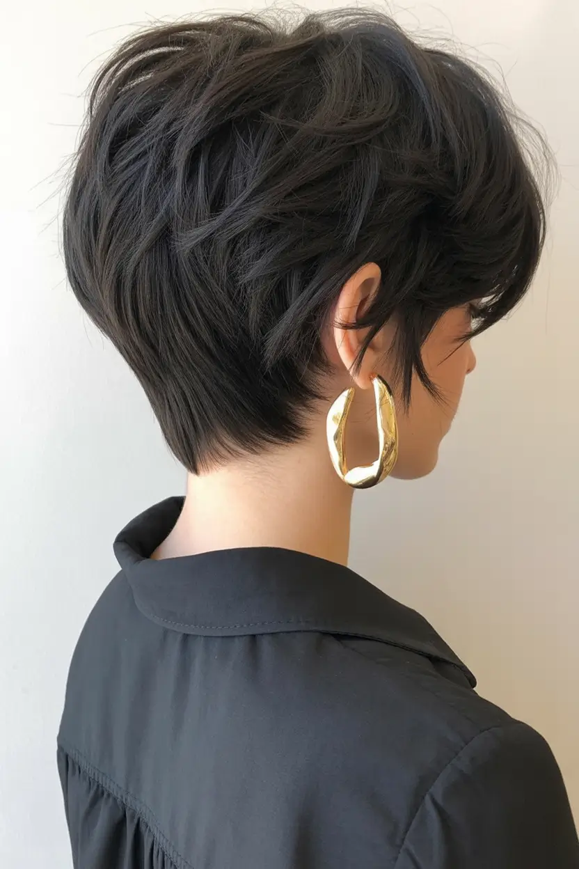 playful spring pixie haircuts 2026 Layered Midnight Pixie With Sculpted Back Detail