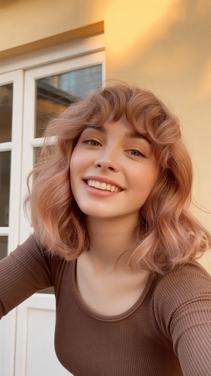 popular spring blonde hair color shades 2026 Soft Peachy Blonde Bob with Playful Spring Energy