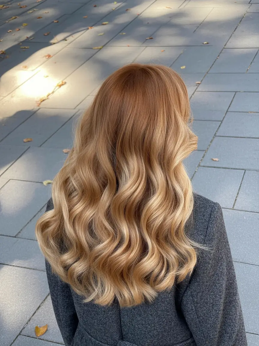 popular spring blonde hair color shades 2026 Warm Honey Blonde Waves with a Soft Red Undertone