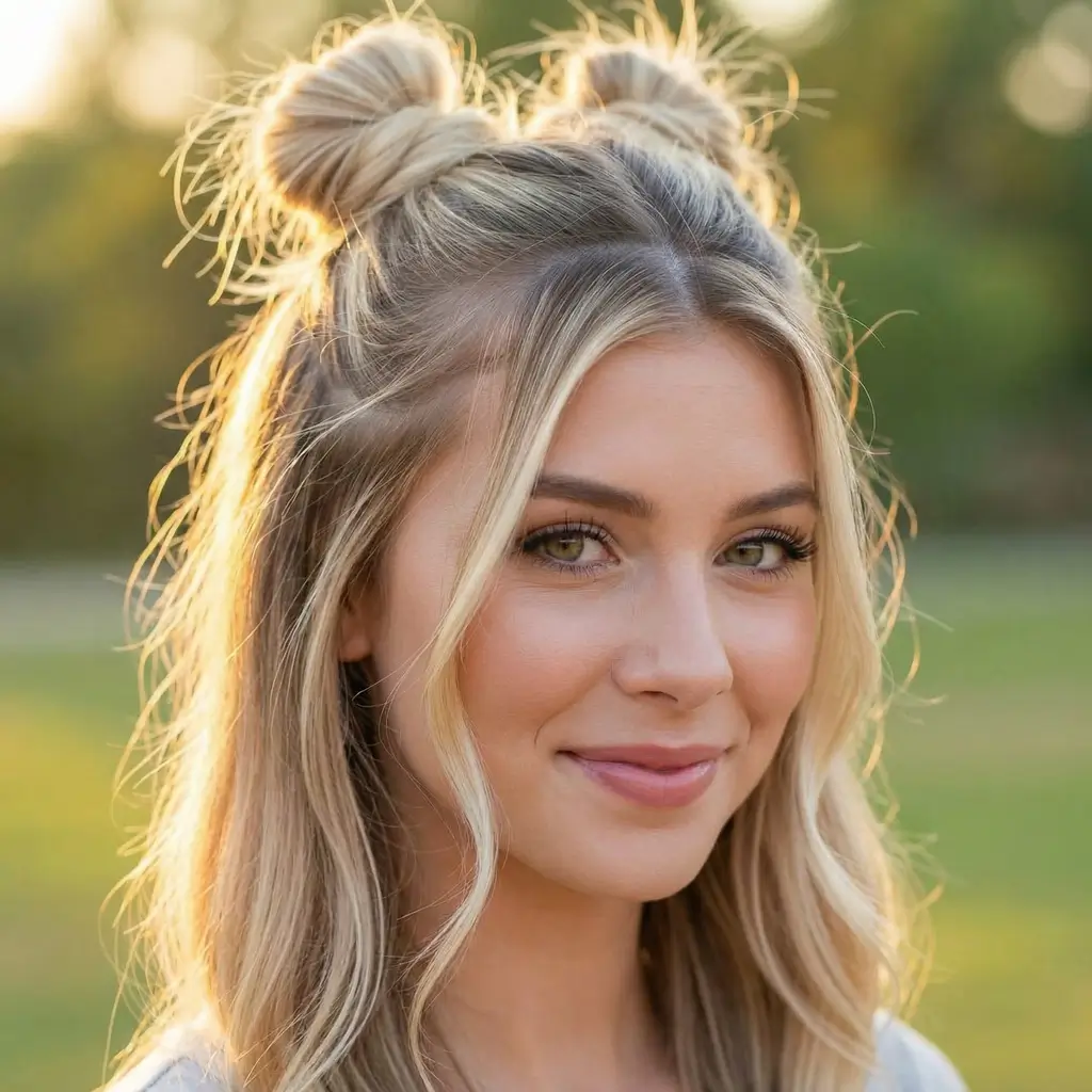 quick spring hairstyles 2026 Sunlit Double Buns With Gentle Loose Waves