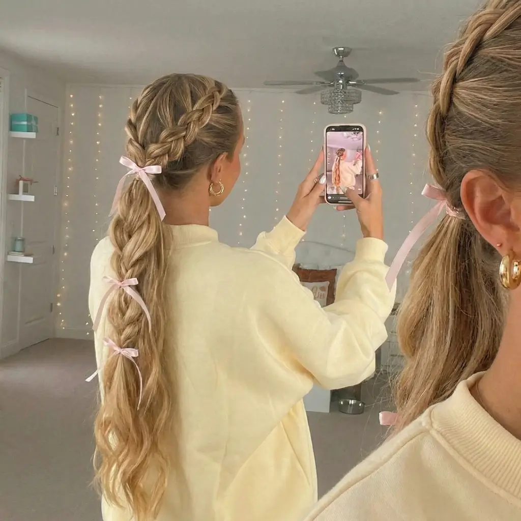 quick spring hairstyles 2026 Romantic Braided Pony With Ribbon Details