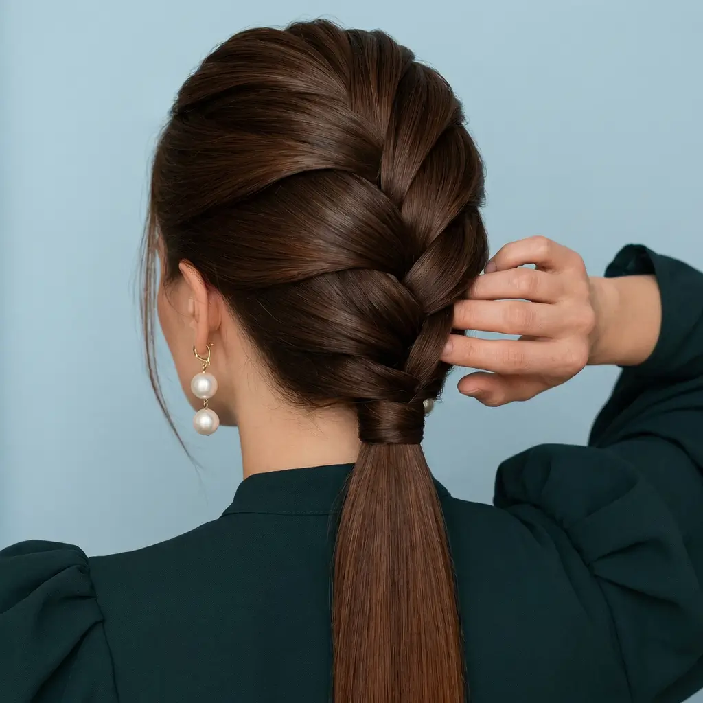 quick spring hairstyles 2026 Sleek Braided Crown Pony With Refined Shine