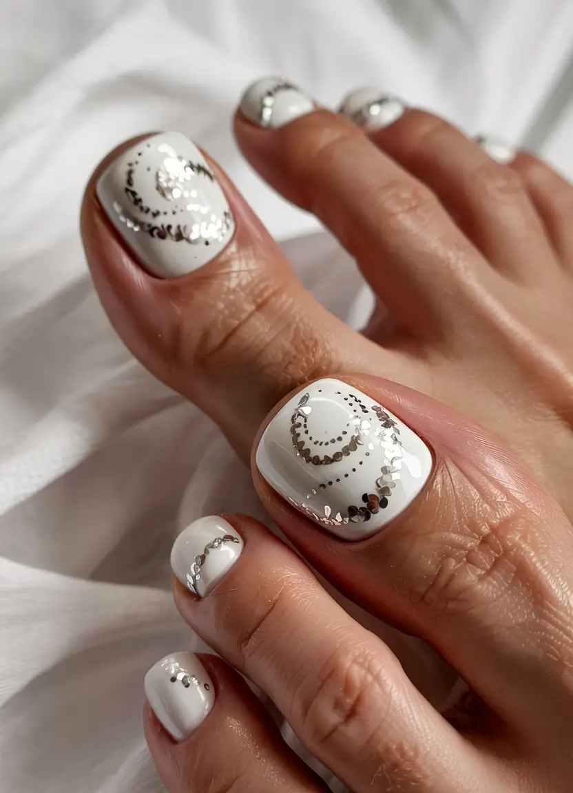 simple spring toe nail color 2026 Soft White with Silver Detail for Modern Elegance