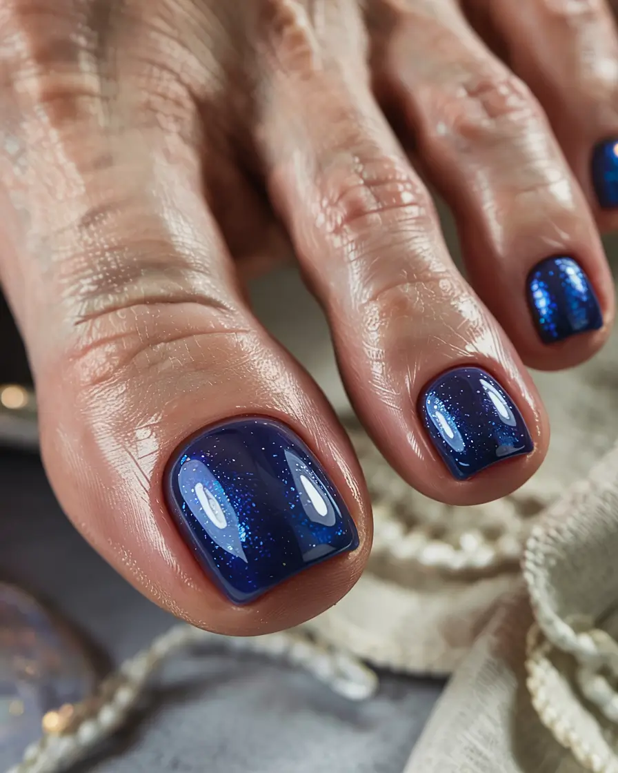 simple spring toe nail color 2026 Midnight Blue Sparkle for Polished Drama
