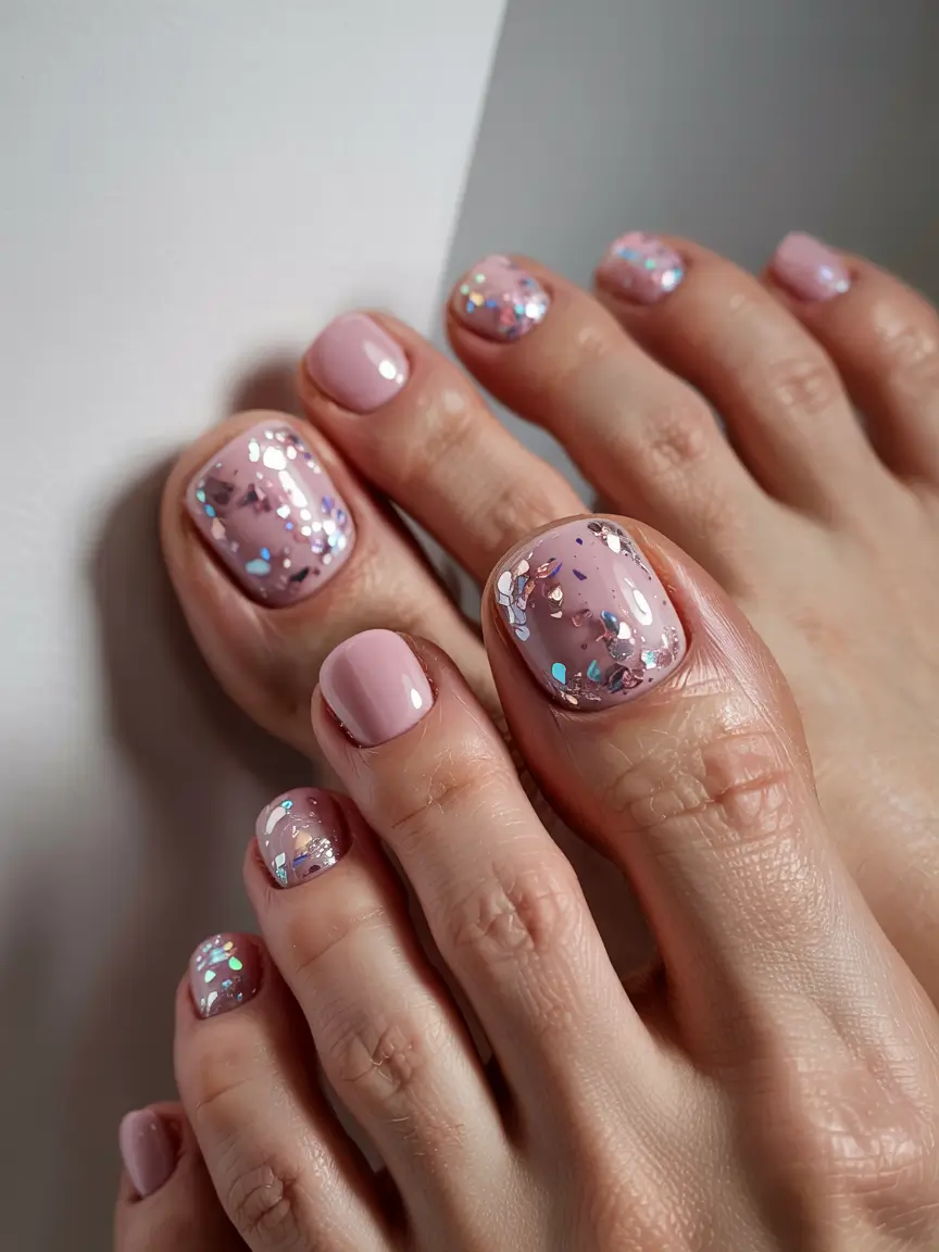 simple spring toe nail color 2026 Soft Pink with Iridescent Glitter for Fresh Sparkle