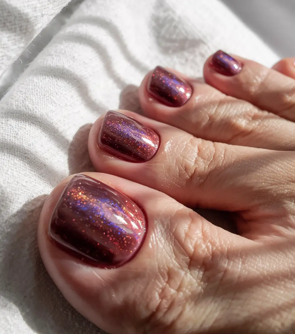 simple spring toe nail color 2026 Smoky Burgundy Chrome for Moody Spring Evenings