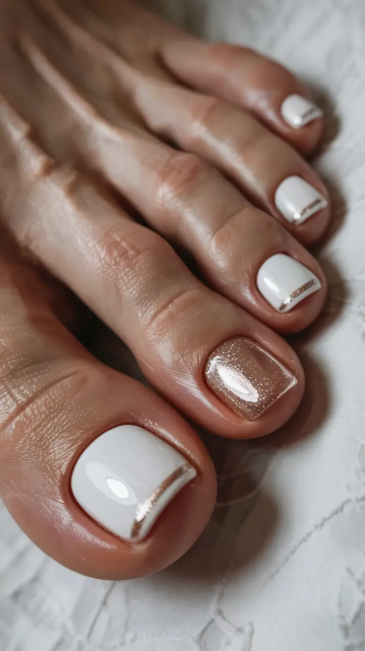 simple spring toe nail color 2026 White and Gold Accent for Polished Spring Glow