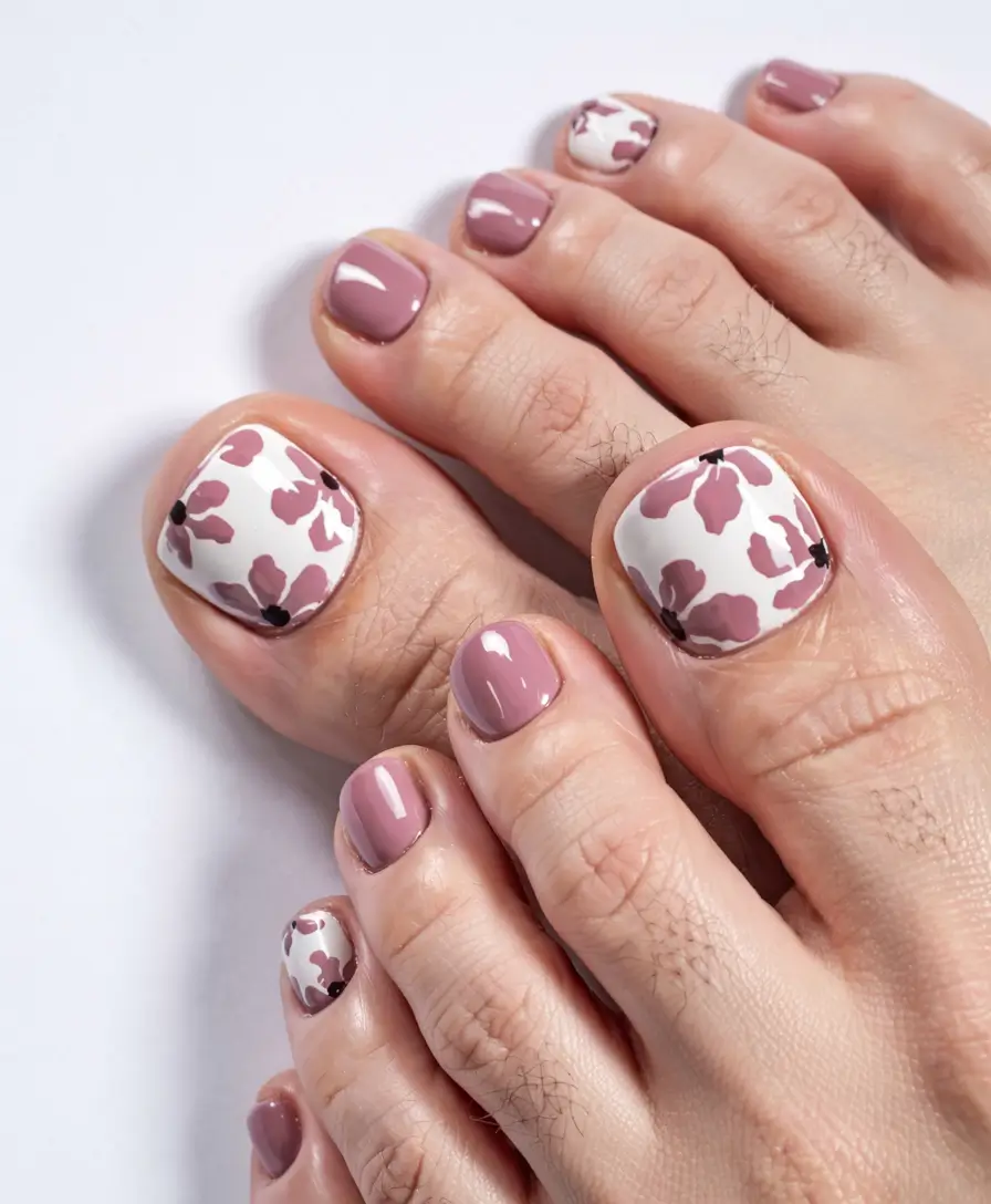 simple spring toe nail color 2026 Mauve and Cow Print Accent for Playful Minimalism