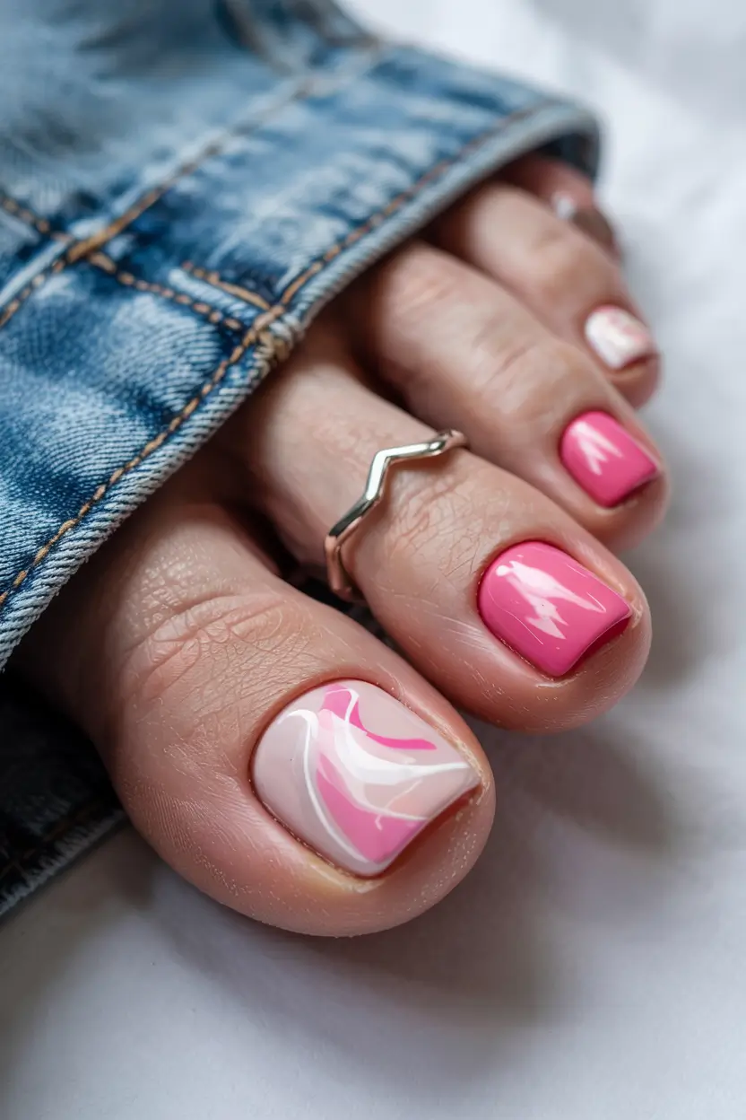 simple spring toe nail color 2026 Bright Pink Swirl for Playful Spring Days