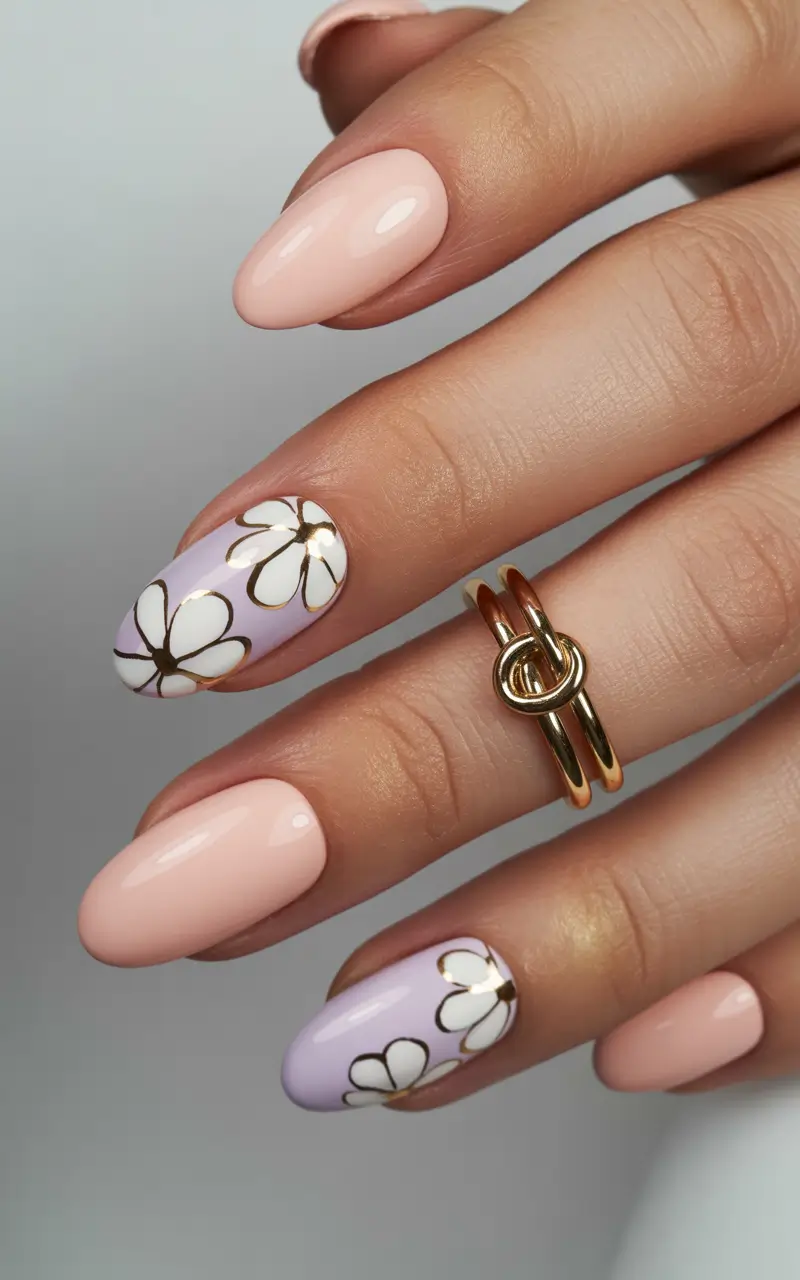 simple trendy spring nails 2026 Pastel Blossoms on Almond Lilac Accents