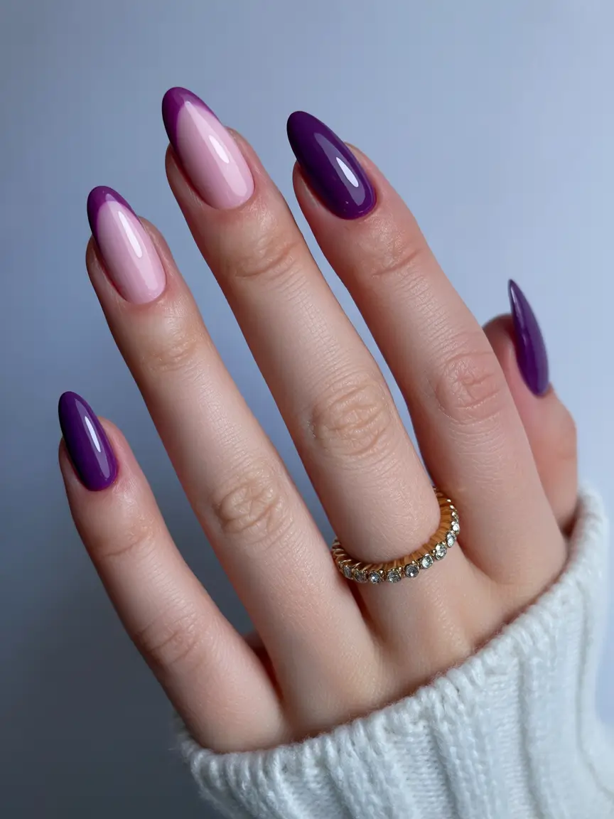simple trendy spring nails 2026 Deep Purple Contrast with Soft Pink Almond Nails