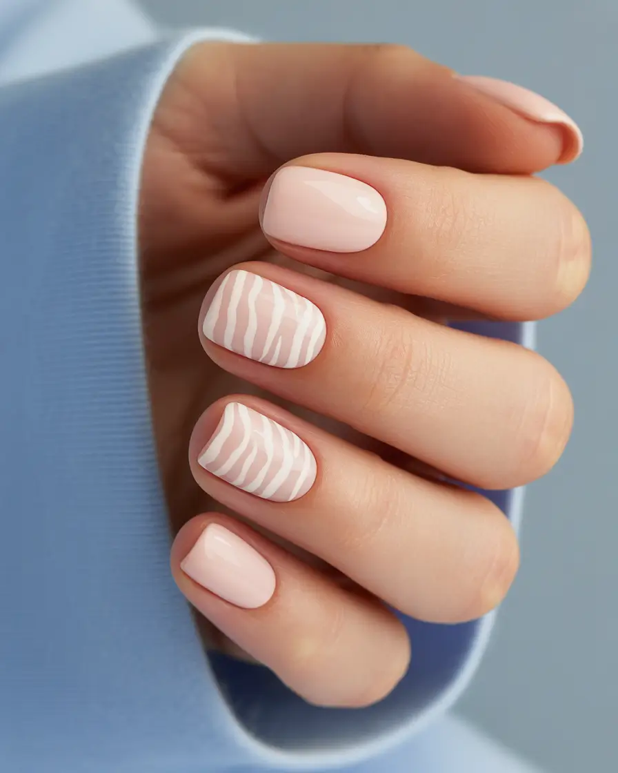 simple trendy spring nails 2026 Soft Zebra Accents on Blush Short Nails