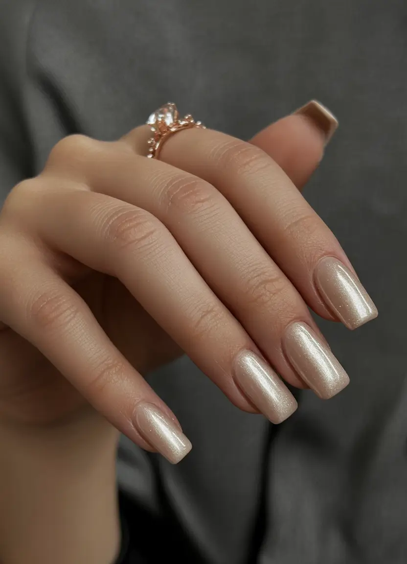 simple trendy spring nails 2026 Pearl Glow on Elegant Long Square Nails