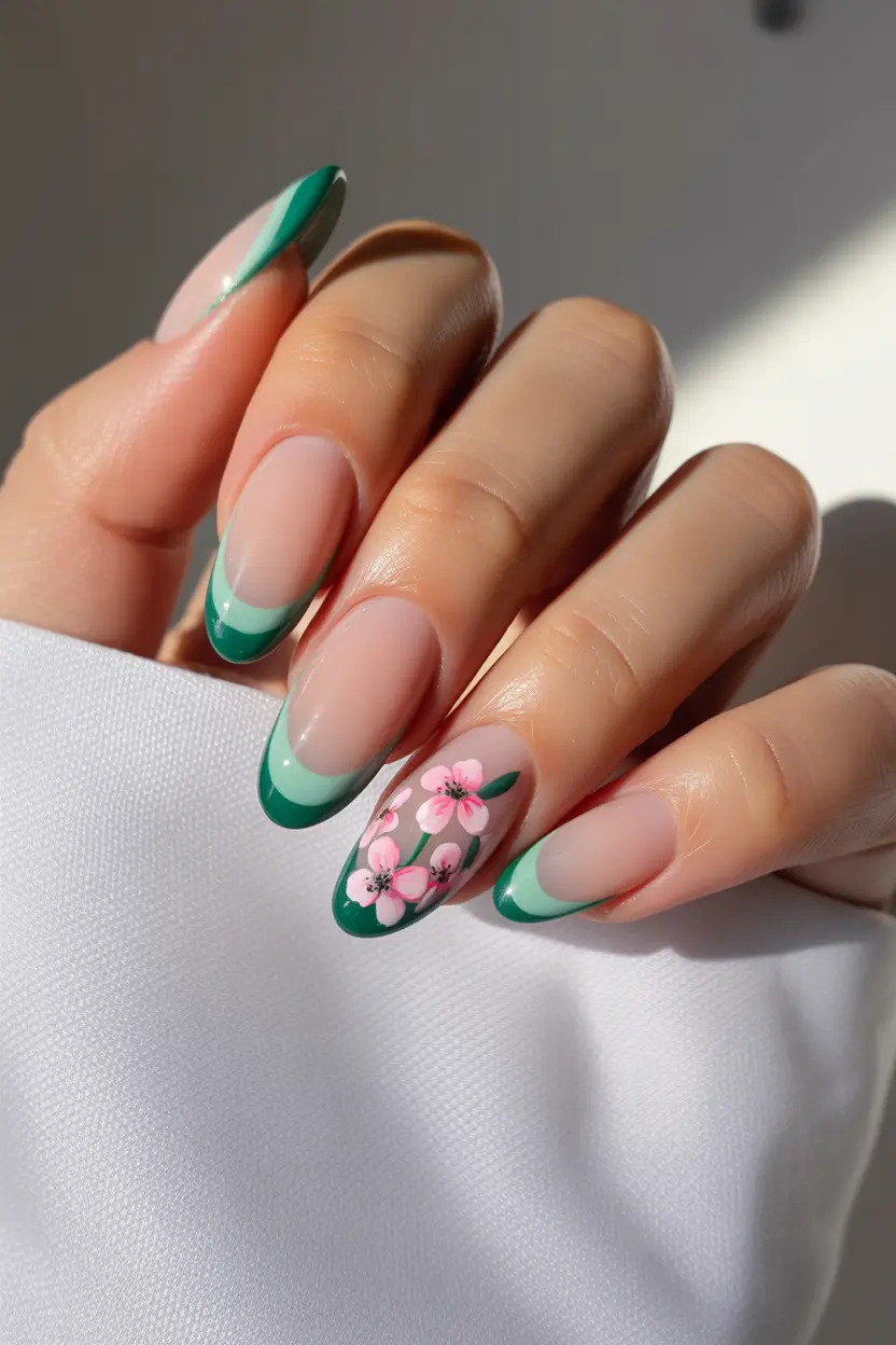 simple trendy spring nails 2026 Green French with Floral Accents for Almond Shapes