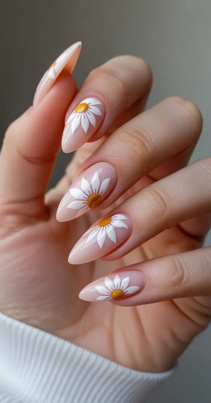 simple trendy spring nails 2026 Daisy Bloom Accents on Almond Spring Nails