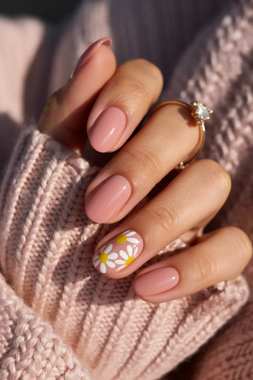 simple trendy spring nails 2026 Soft Daisy Accents on a Blush Short Base