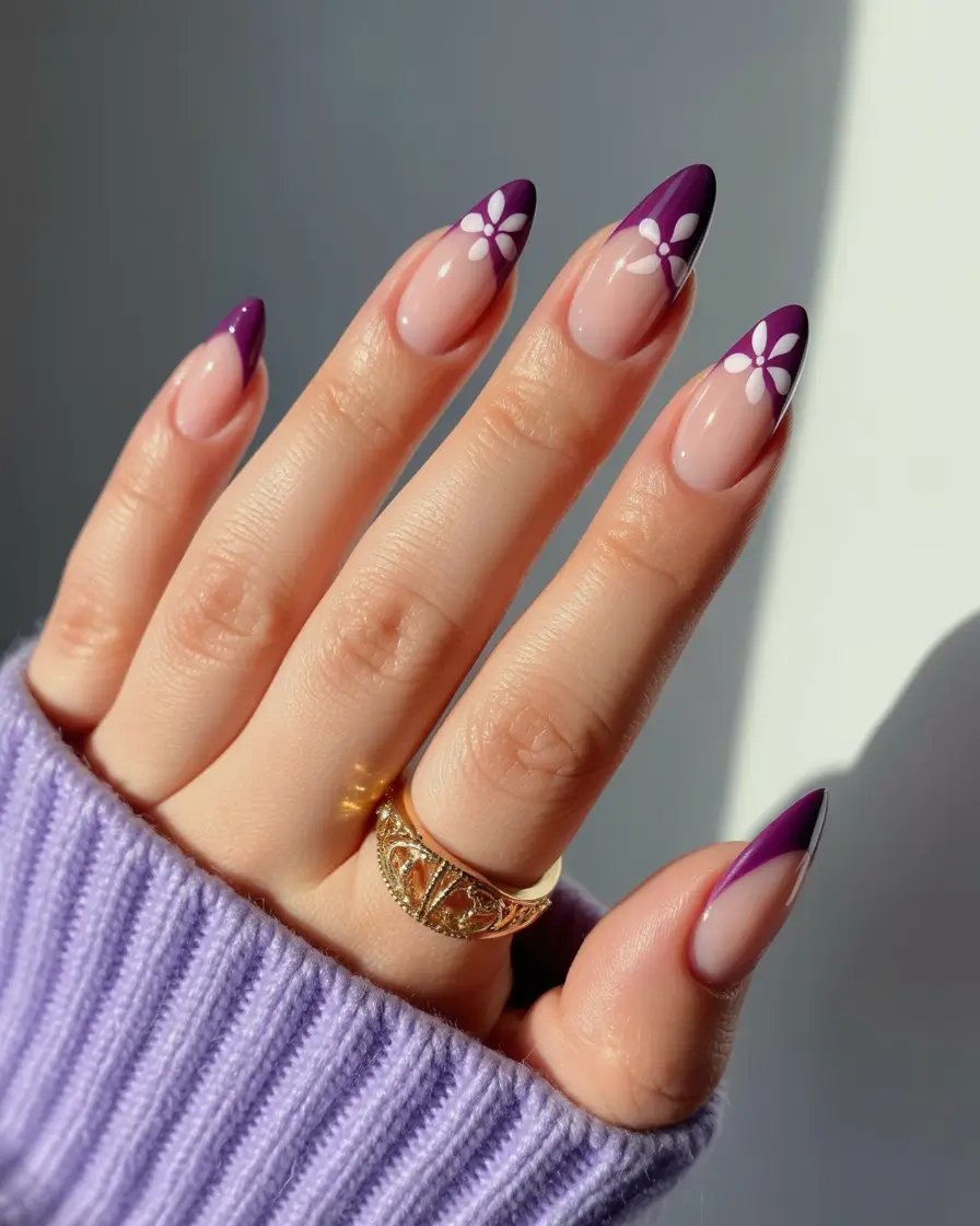 simple trendy spring nails 2026 Bold Purple French Tips with Floral Detail