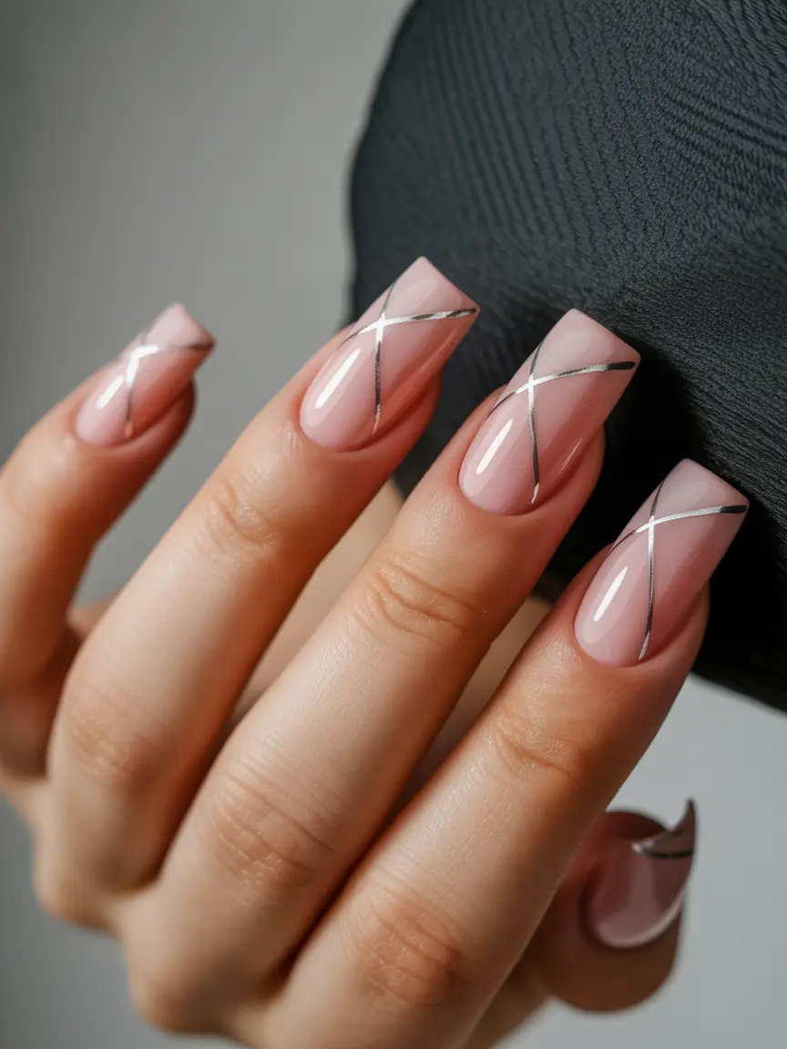 simple trendy spring nails 2026 Metallic Line Art on Glossy Pink Square Nails