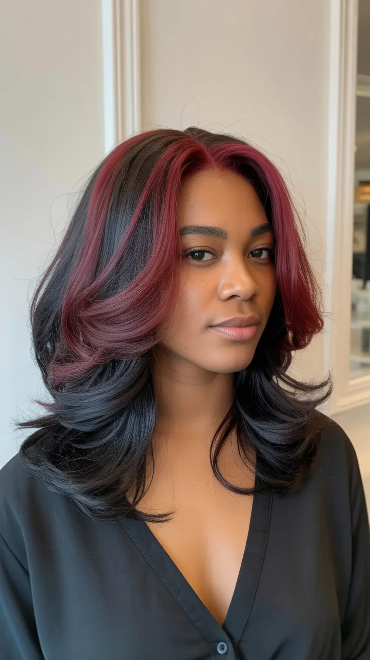 sophisticated spring hair color for dark skin 2026 Berry Front Layers with Deep Midnight Base