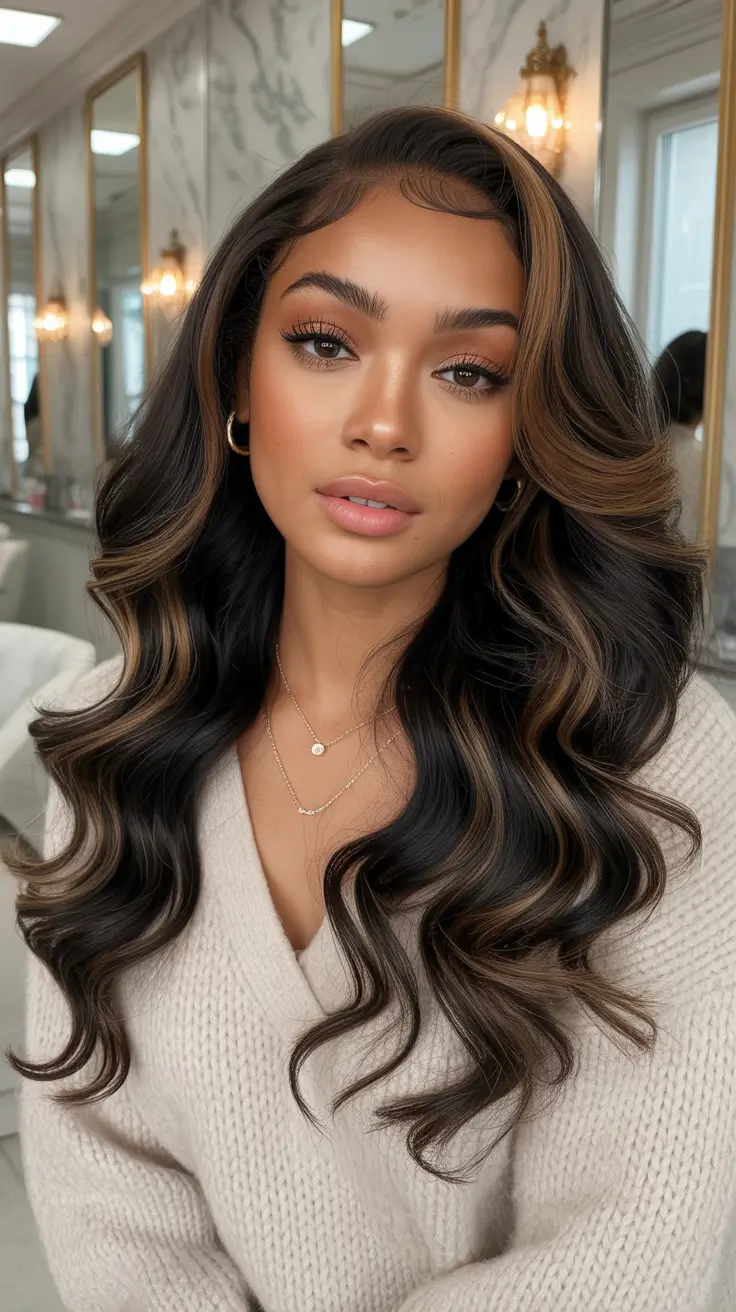 sophisticated spring hair color for dark skin 2026 Espresso Ribbon Waves with Soft Golden Accents