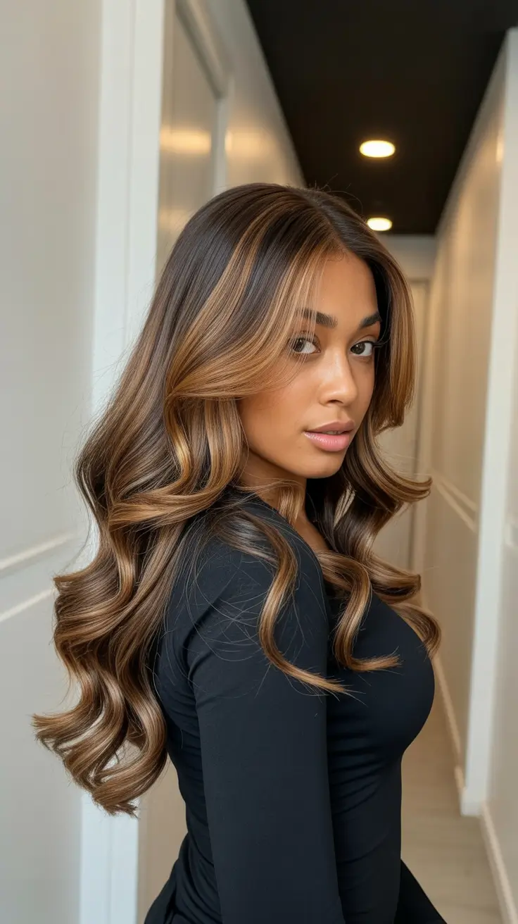 sophisticated spring hair color for dark skin 2026 Caramel Ribbon Layers with Soft Halo Dimension