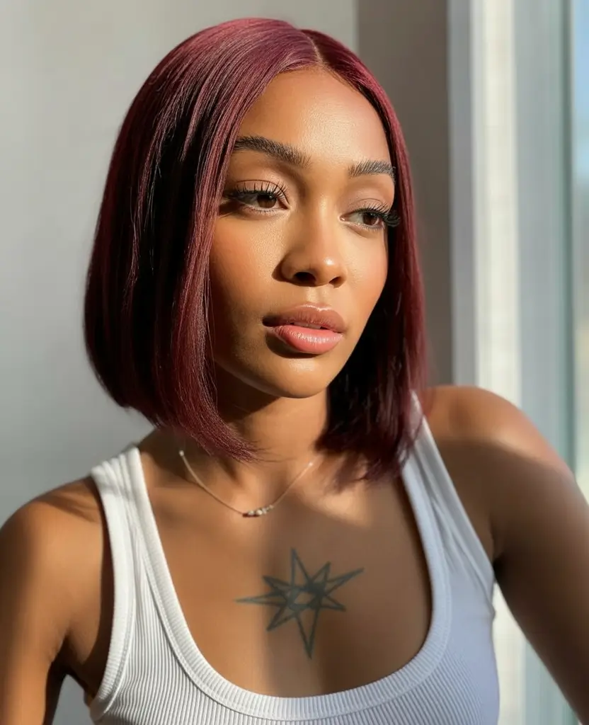 sophisticated spring hair color for dark skin 2026 Mulberry Shine Bob with Clean Modern Lines
