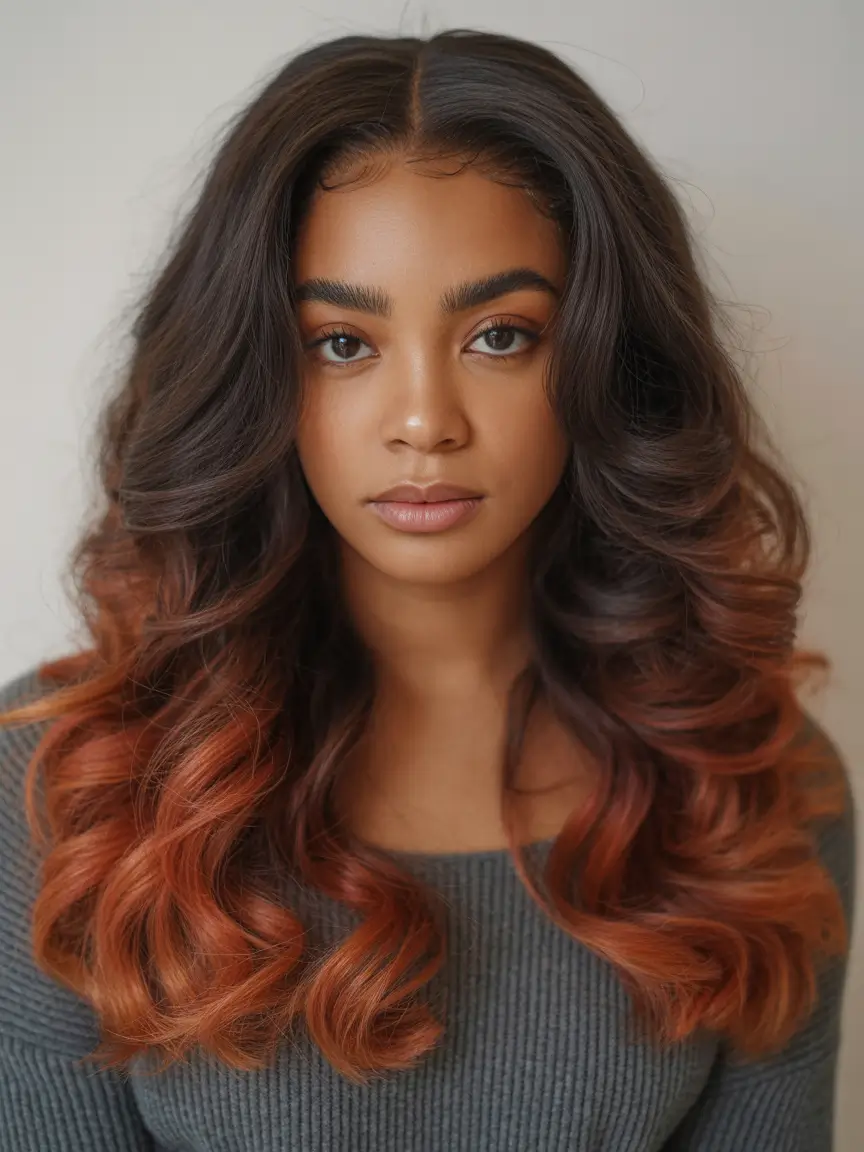sophisticated spring hair color for dark skin 2026 Burnt Copper Ombre Waves with Soft Depth